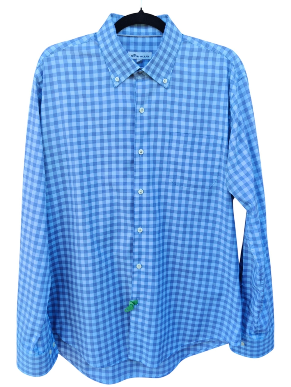 Peter Millar Mens Large Blue Gingham Long Sleeve Button Shirt Cotton Stretch